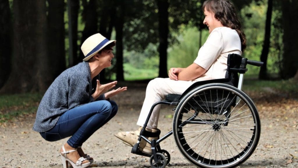 Women in wheelchair and her caring having a friendly chat 